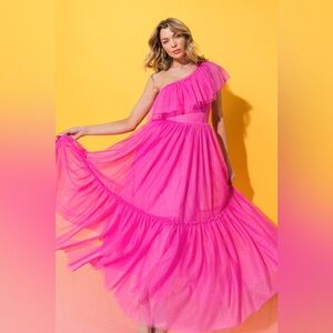Flying Tomato One-Shoulder Ruffled Maxi Dress in Hot Pink